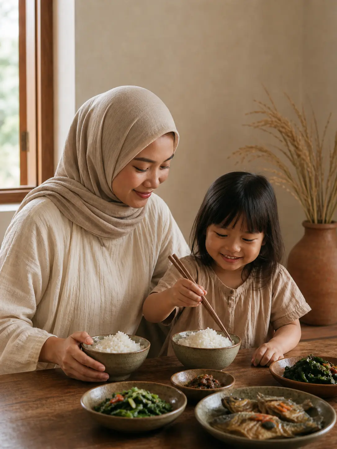 Bunda dan anak menikmati nasi pulen Beras MJ di Bandung